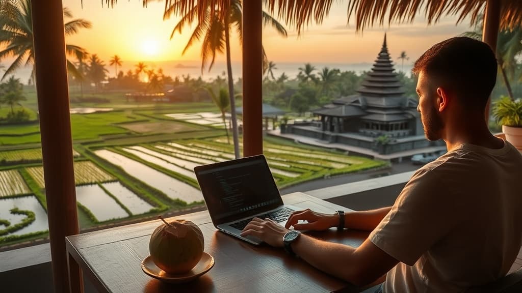 Digital nomad working remotely in Bali with reliable eSIM internet connectivity