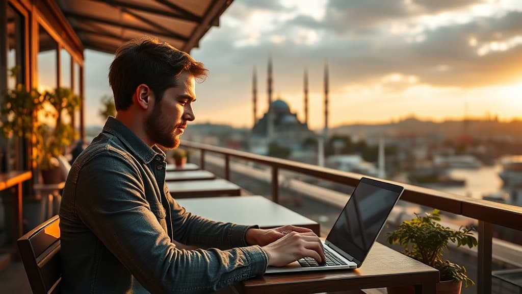 Digital nomad working remotely in Istanbul with reliable eSIM internet connectivity